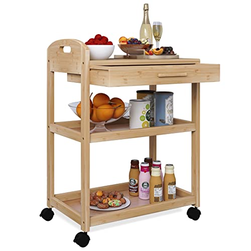 Bamboo Rolling Kitchen Island Cart with Storage
