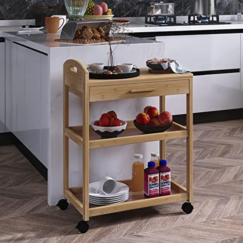 Bamboo Rolling Kitchen Island Cart with Storage