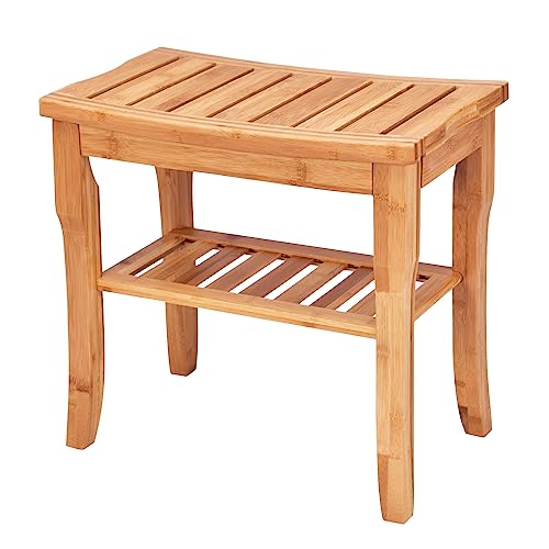 Bamboo Shower Bench with Storage Shelf, Waterproof