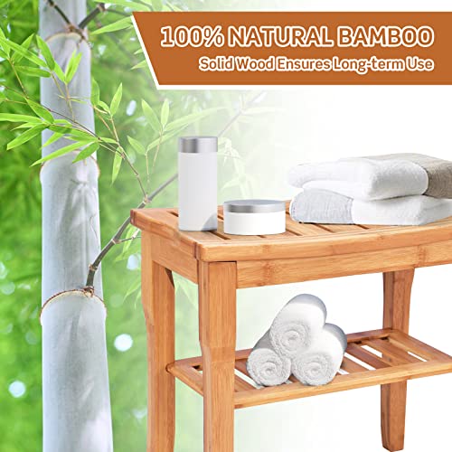 Bamboo Shower Bench with Storage Shelf, Waterproof
