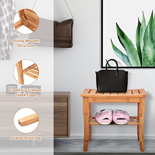 Bamboo Shower Bench with Storage Shelf, Waterproof