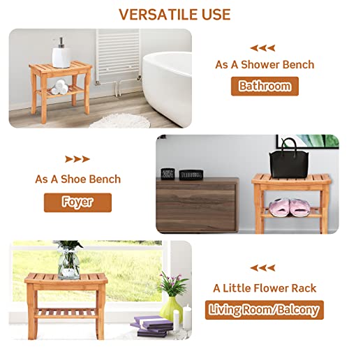 Bamboo Shower Bench with Storage Shelf, Waterproof