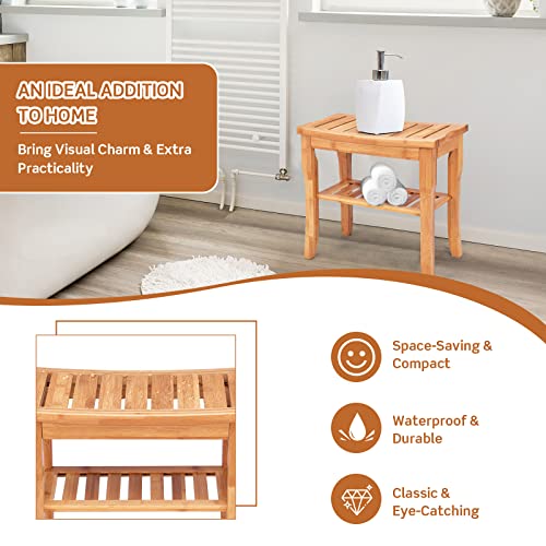 Bamboo Shower Bench with Storage Shelf, Waterproof