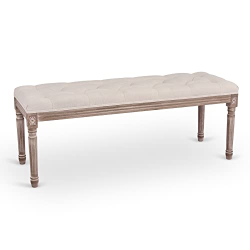 Vintage Upholstered Extra Long Tufted Bench, Beige