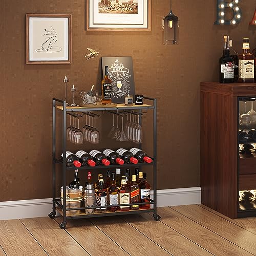 Rustic Brown 3-Tier Lockable Drink Trolley