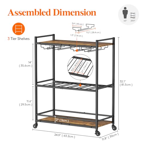 Rustic Brown 3-Tier Lockable Drink Trolley