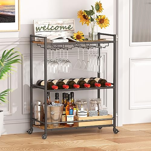 Rustic Brown 3-Tier Lockable Drink Trolley