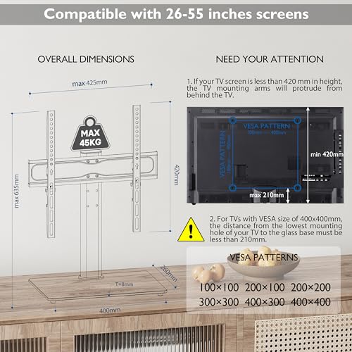 Adjustable TV Stand for 26"-55" TVs with Glass Base