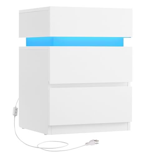 VASAGLE Modern Bedside Table with LED Lights
