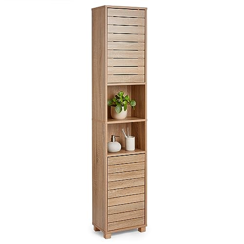 VonHaus Tall Oak Bathroom Cabinet with Shelves