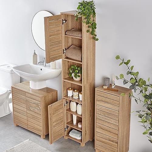 VonHaus Tall Oak Bathroom Cabinet with Shelves
