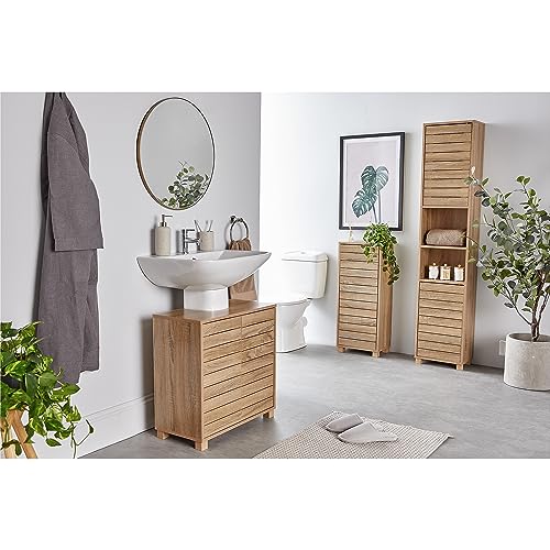 VonHaus Tall Oak Bathroom Cabinet with Shelves