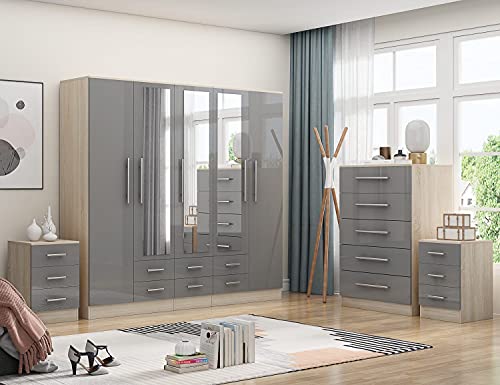 Glossy Grey 5-Door Wardrobe with Bedside Tables