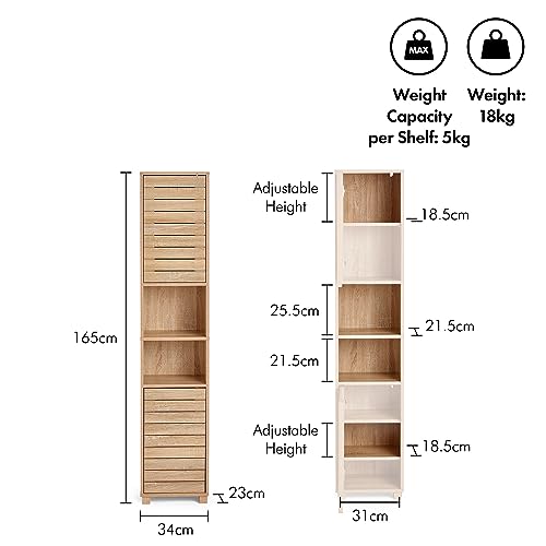 VonHaus Tall Oak Bathroom Cabinet with Shelves