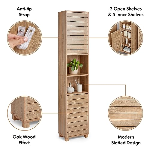 VonHaus Tall Oak Bathroom Cabinet with Shelves