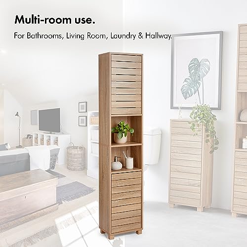 VonHaus Tall Oak Bathroom Cabinet with Shelves