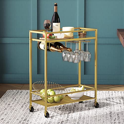 Gold 2-Tier Bar Cart with Wine Rack & Wheels