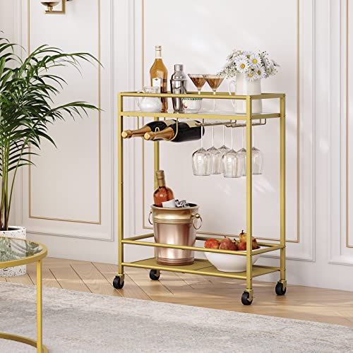 Gold 2-Tier Bar Cart with Wine Rack & Wheels