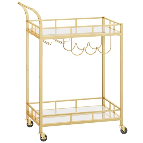 Gold Bar Cart with Mirrored Shelves and Wine Holders