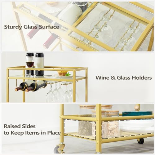 Gold 2-Tier Bar Cart with Wine Rack & Wheels