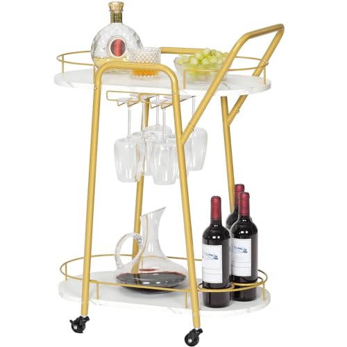 HOOBRO 2-Tier Rolling Drinks Trolley with Wine Rack