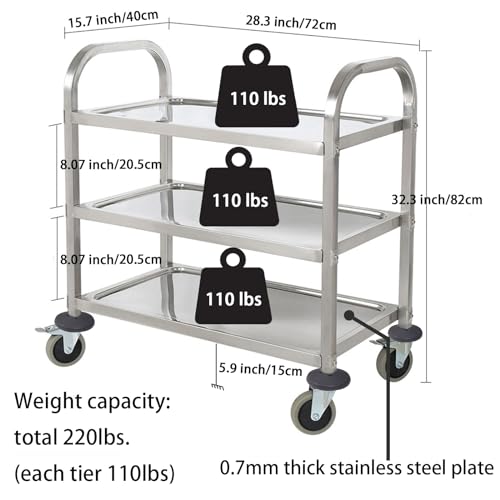3 Tier Stainless Steel Catering Trolley with Wheels