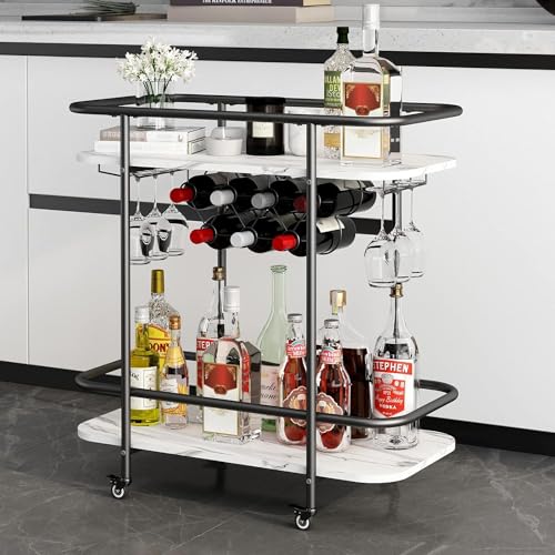 Modern 2-Tier Mobile Bar Cart with Wine Rack