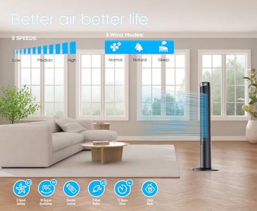 PureMate 46-Inch Oscillating Tower Fan with Remote