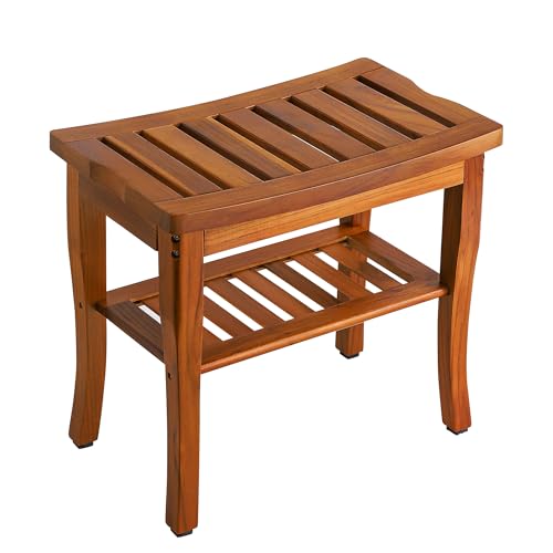 VaeFae Teak Shower Bench with Storage Shelf