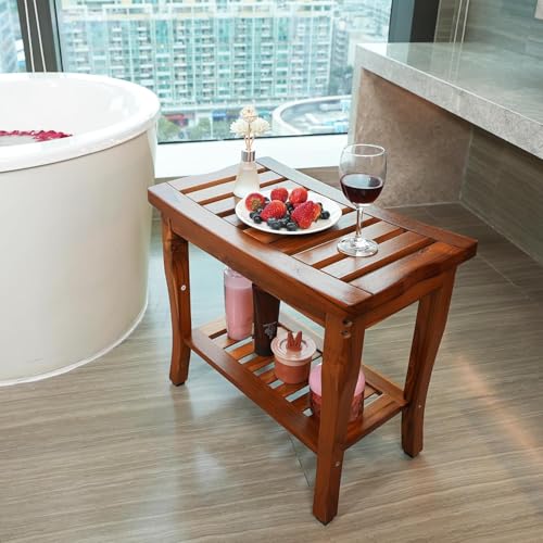 VaeFae Teak Shower Bench with Storage Shelf