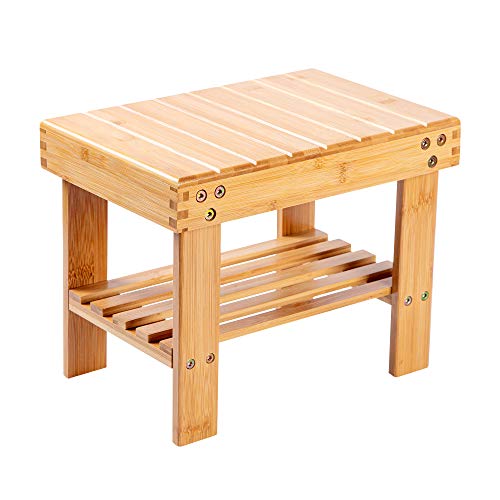 VaeFae Bamboo Small Stool with Storage Shelf