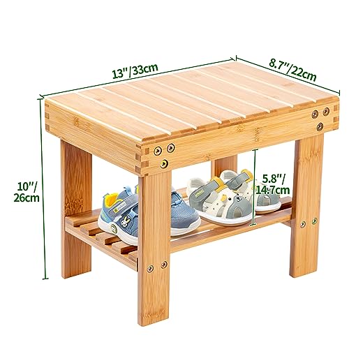 VaeFae Bamboo Small Stool with Storage Shelf