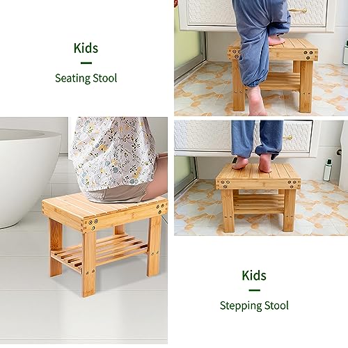 VaeFae Bamboo Small Stool with Storage Shelf