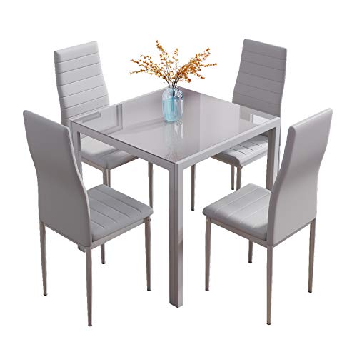 Modern Glass Table and 4 Faux Leather Chairs Set