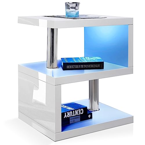 LED High Gloss Nightstand with 2-Tier Shelf