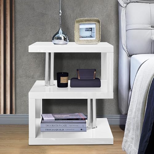 LED High Gloss Nightstand with 2-Tier Shelf