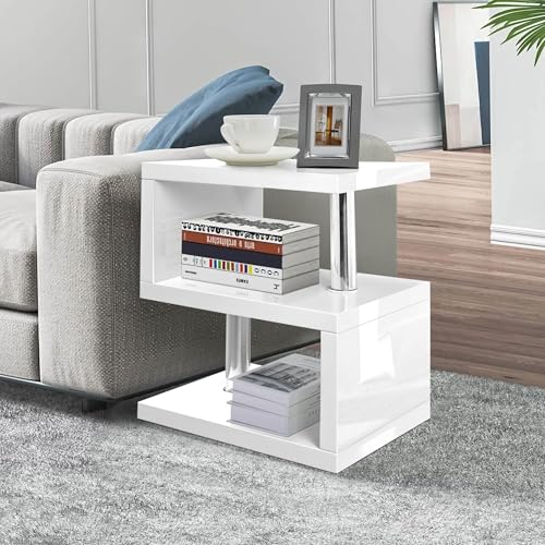 LED High Gloss Nightstand with 2-Tier Shelf