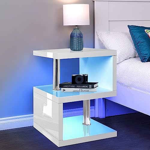 LED High Gloss Nightstand with 2-Tier Shelf
