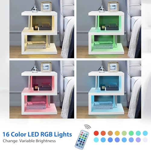 LED High Gloss Nightstand with 2-Tier Shelf