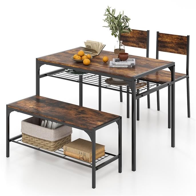 Rustic Brown Dining Table Set with Chairs & Bench