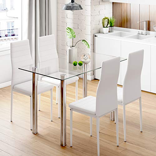 Modern Rectangular Dining Table with 4 White Chairs