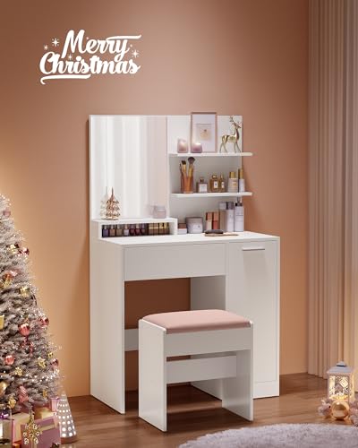 VASAGLE White Vanity Table with Mirror and Storage