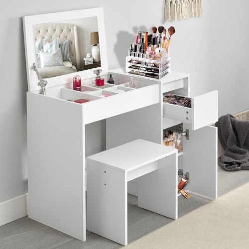 White Vanity Makeup Table with Flip-Up Mirror