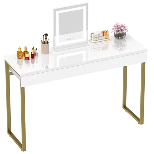Glossy White 2-Drawer Dressing Table with Gold Legs