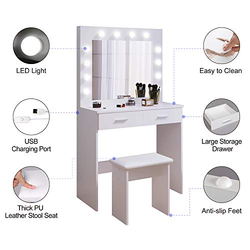 Jooli H White LED Vanity Makeup Table Set