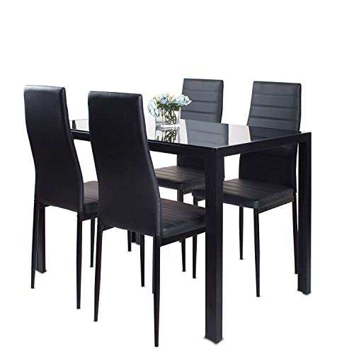 Black Glass Dining Table with 4 Chairs Set