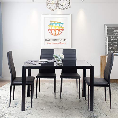 Black Glass Dining Table with 4 Chairs Set