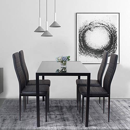Black Glass Dining Table with 4 Chairs Set
