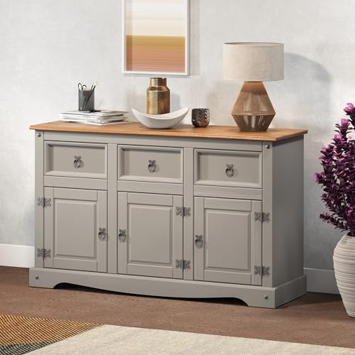 Grey 3-Door Pine Sideboard with Drawers