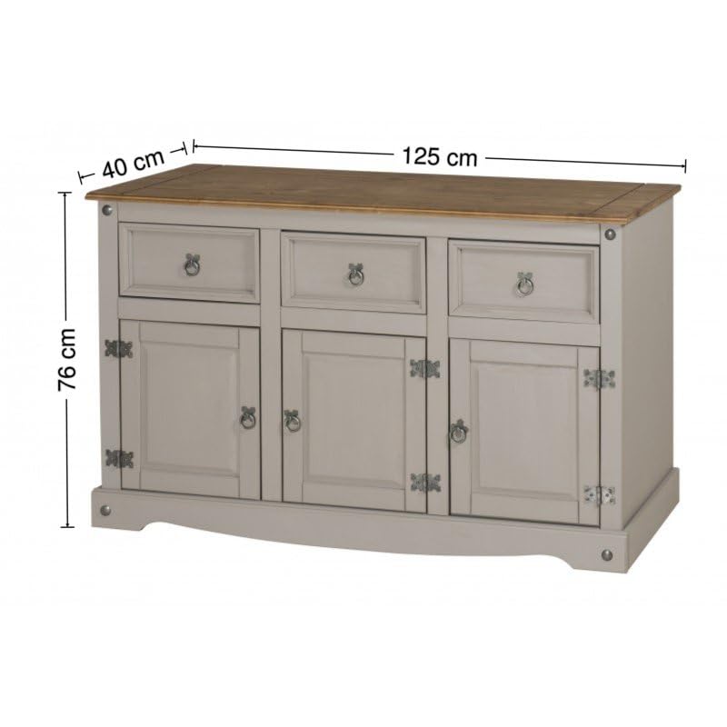 Grey 3-Door Pine Sideboard with Drawers
